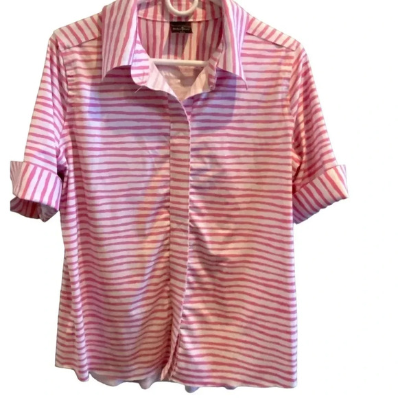 BELYN KEY WOMENS PINK WHITE TOP SHIRT BLOUSE CASUAL FALL TOPS SUMMER WOMEN SZ L - Picture 1 of 4